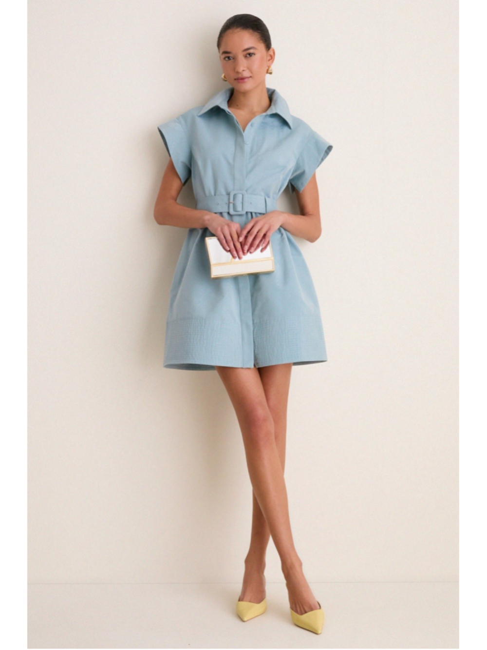 New Tuckernuck Slate Blue Mini Chloe Dress Collar Minimal Classic Formal Belted